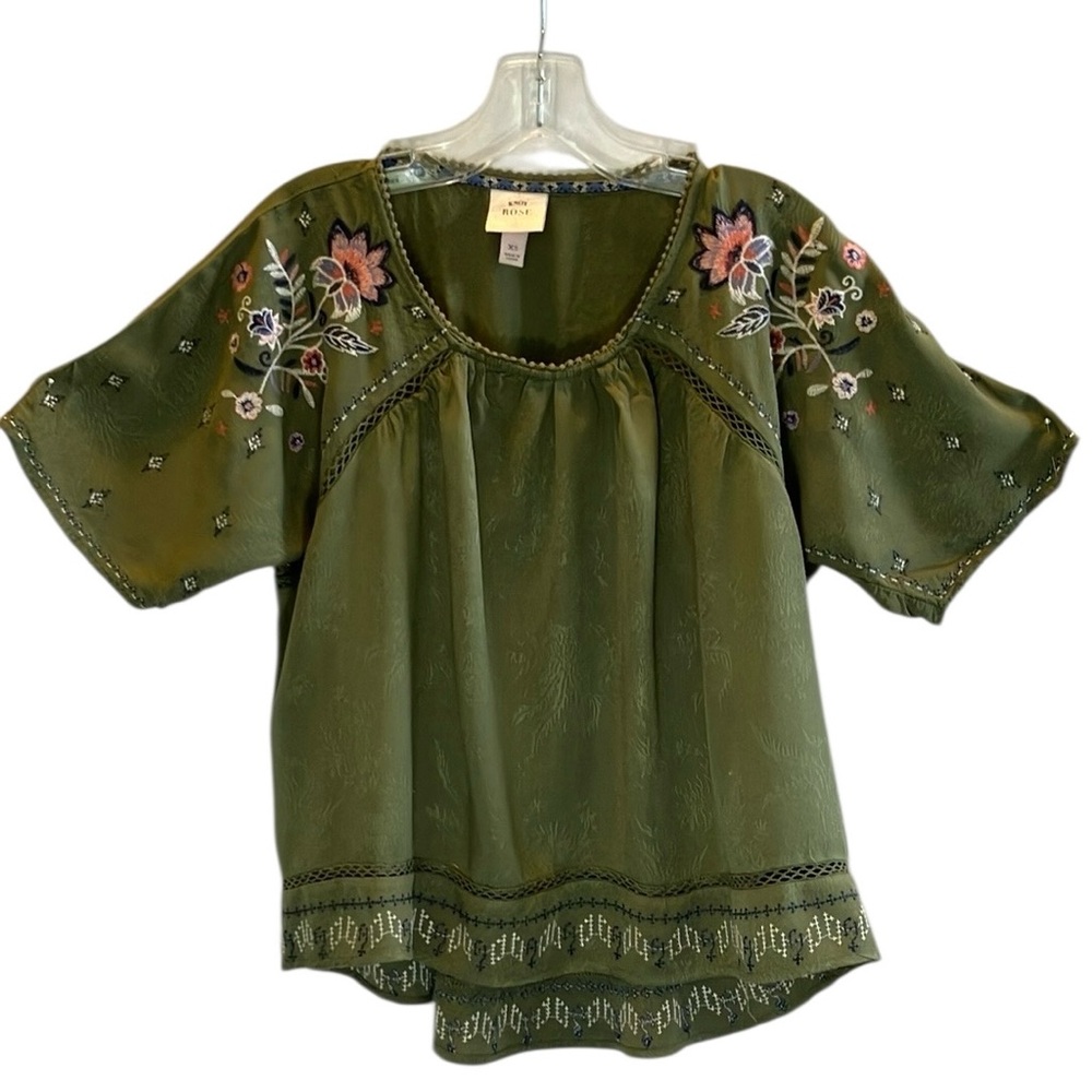 Knox Rose Olive Green Embroidered Peasant Blouse with Pink Floral Accents